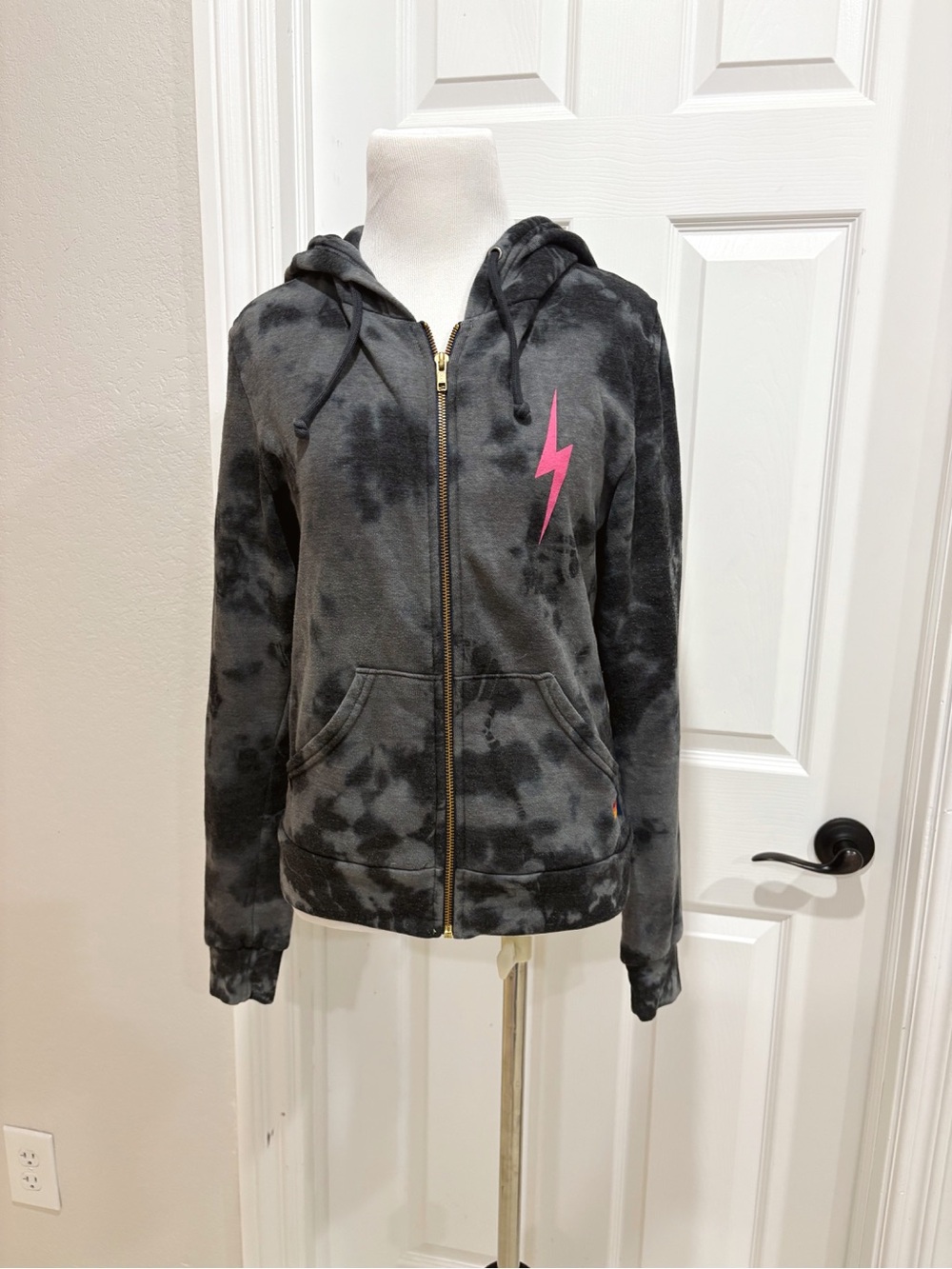 Aviator Nation Black Spacedye Zip Hoodie Pink Lightning Bolt XS